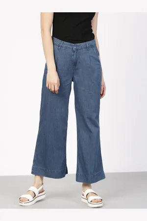Ether Women Blue Washed Denim Flared Trousers