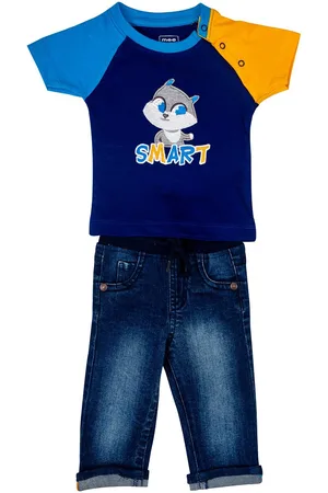 MeeMee Boys Blue & Yellow Pure Cotton Printed T-Shirt With Trousers