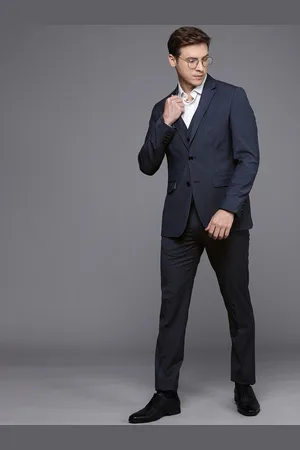Louis Philippe Men Navy Blue Self Design Slim Fit Single-Breasted Formal Suit