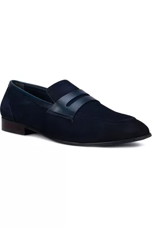 ROSSO BRUNELLO Men Blue Solid Leather Formal Loafers