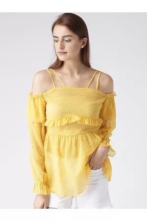 KASSUALLY Women Yellow Self Design Cinched Waist Top