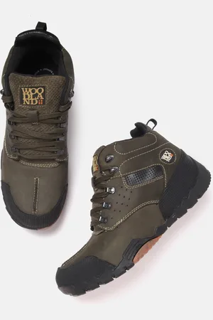 Woodland Men Olive Green Solid Mid-Top Nubuck Sneakers with Perforated Detail