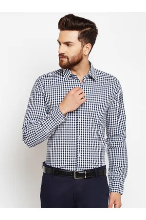 HANCOCK Men Navy Blue & White Slim Fit Checked Formal Shirt