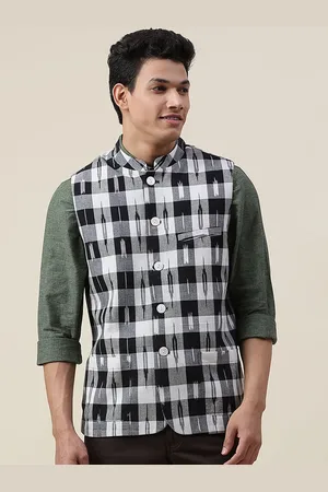 Fabindia Men Black & White Checked Pure Cotton Nehru Jackets