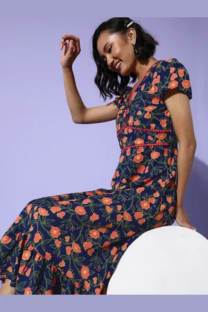 DressBerry Women Deep Navy Blue Floral Vacay Attire Dress