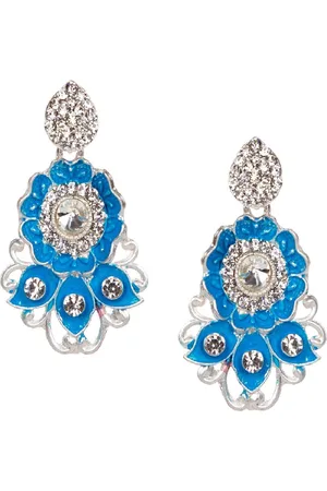 ANIKAS CREATION Silver-Plated & Blue Floral Enamelled Drop Earrings