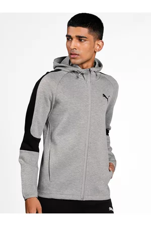 PUMA Men Grey Melange Solid Evostripe Full-Zip Slim Fit Hooded Track Sustainable Sweatshirt