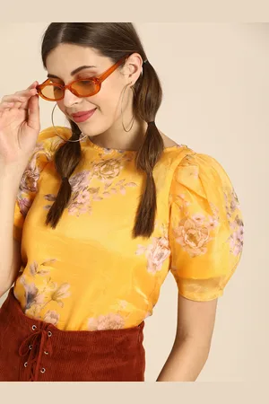 ATHENA Stunning Yellow Floral Printed Power Shoulders Top