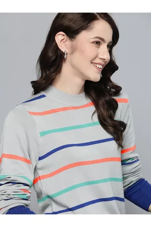 Mast & Harbour Women Grey & Orange Striped Acrylic Pullover