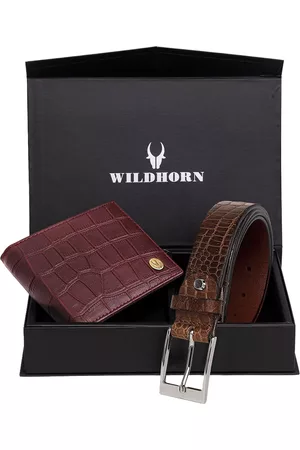 WildHorn Men Maroon & Brown Textured RFID Protected Genuine Leather Accessory Gift Set