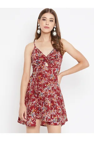 Berrylush Women Maroon Floral Printed Front Twist Knot Fit and Flare Dress