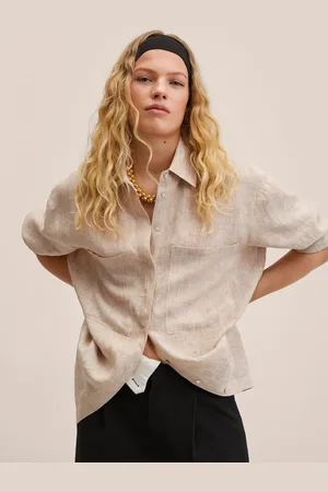MANGO Women Beige & Off-White Pure Linen Oversized Striped Casual Shirt