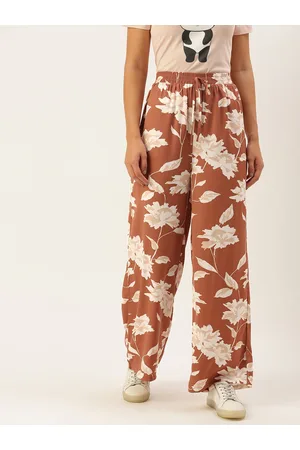 Berrylush Women Brown Floral Printed Relaxed High-Rise Trousers