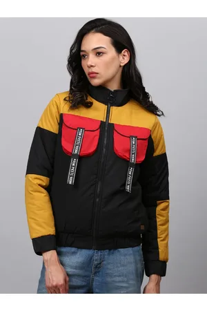 Campus Women Black Mustard Colourblocked Windcheater Bomber Jacket