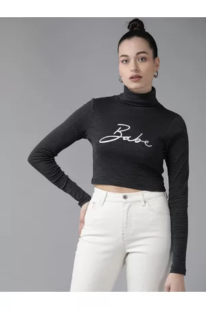 KASSUALLY Women Black & Charcoal Grey High Neck Pure Cotton Crop Top
