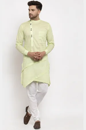 KLOTTHE Men Green Thread Work Asymmetric Kurta