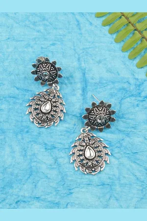AccessHer Oxidized Silver-Plated Kundan Studded Teardrop Shaped Drop Earrings