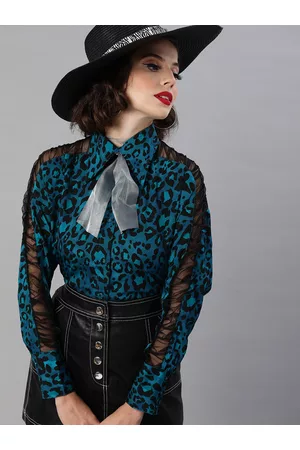 KASSUALLY Women Blue & Black Boxy Animal Printed Casual Shirt