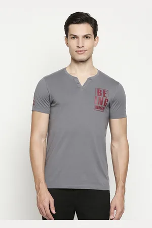 Being Human Men Grey & Maroon Henley Neck Pure Cotton T-shirt