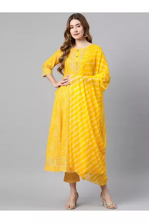 Vbuyz Women Yellow Bandhani Printed Thread Work Pure Cotton Kurta with Palazzos & With Dupatta