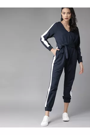 Roadster Women Navy Blue & White Pure Cotton Side Taping Basic Jumpsuit