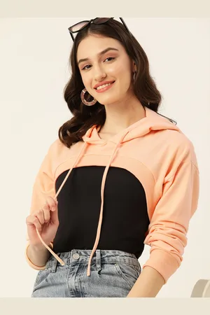 DressBerry Women Peach-Coloured Hooded Solid Crop Sweatshirt