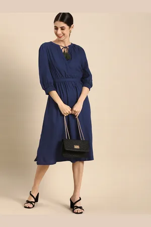 all about you Navy Blue Pleated Tie-Up Neck Midi Dress