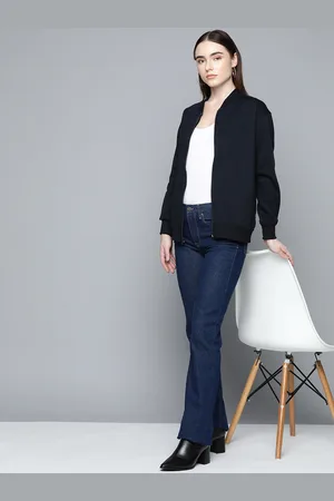 Chemistry Women Solid Bomber Collar Fleece Sweatshirt