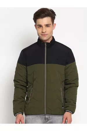 Lee Men Olive Green Black Colourblocked Quilted Jacket