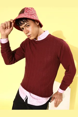 Mast & Harbour Men Maroon Cable Knit Long Sleeves Pullover Sweaters