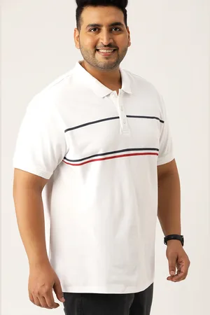 Sztori Plus Size Men White Red Striped Detail Polo Collar Pure Cotton T-shirt