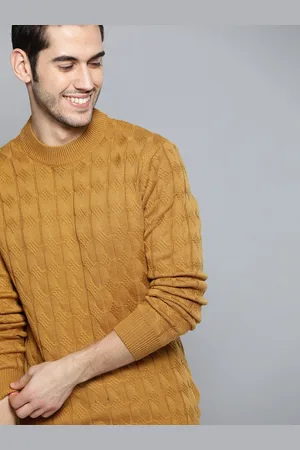 Mast & Harbour Men Mustard Yellow Cable Knit Pullover