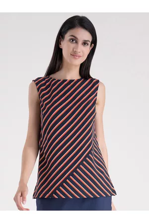 FableStreet Women Navy Blue Striped Regular Top