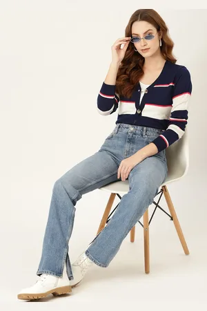 DressBerry Women Navy Blue & White Striped Cardigan
