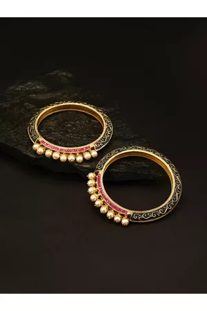 Priyaasi Set Of 2 Gold-Plated White Stone-Studded Pearls Meenakari Bangles