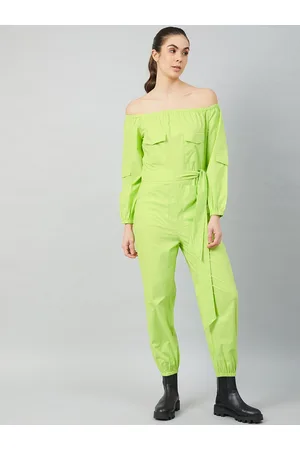 ATHENA Women Lime Green Solid Cotton Jumpsuit