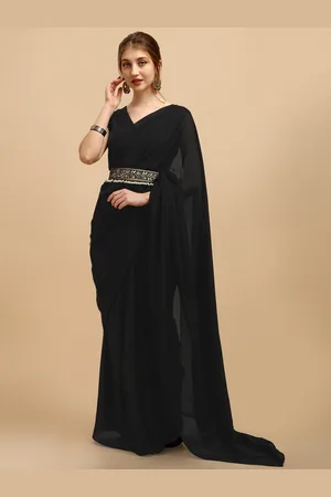 Sangria Women Black Solid Organza Saree with Blouse Piece & Embellished Belt