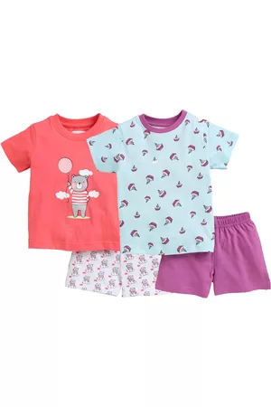 BUMZEE Girls Pack of 2 Purple & Blue Printed Pure Cotton T-shirts with Shorts