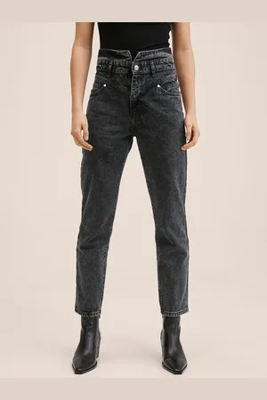 MANGO Women Charcoal Grey Pure Cotton Mom Fit High-Rise Jeans