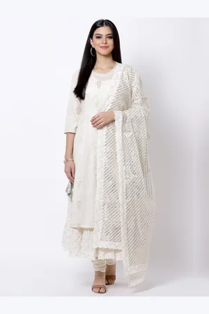 Biba Women Off-White Self Design Kurta with Churidar & Dupatta