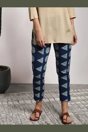 Sangria Women Blue Regular Fit Indigo Printed Cigarette Trousers