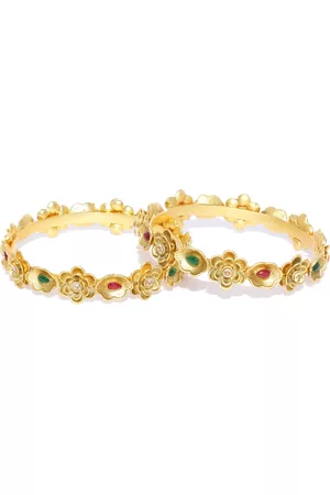 YouBella Set of 2 Red & Green Gold-Plated Stone-Studded Floral Bangles