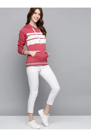 HERE&NOW Women Pink & White Pure Cotton Striped Hooded Sweatshirt