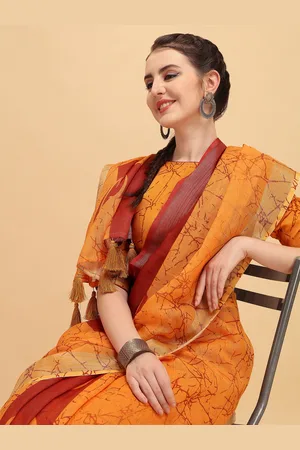 Sangria Mustard Orange & Red Tie and Dye Pure Linen Saree