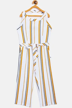 Crimsoune Club Girls Yellow & White Striped Jumpsuit With Waist Tie-Ups