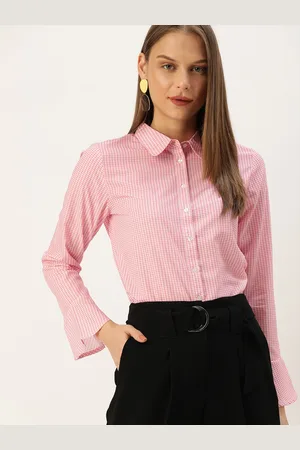 Invictus Women Pink & White Regular Fit Checked Formal Shirt With Bell Sleeves