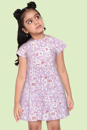 HERE&NOW Girls Lavender & White Floral Pure Cotton Fit & Flare Dress