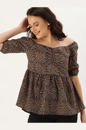 Taavi Women Brown & Black Ajrakh Hand Block Print A-line Pure Cotton Top with Gathers