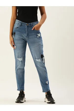 Kook N Keech Women Boyfriend Fit Slash Knee Light Fade Applique Stretchable Jeans