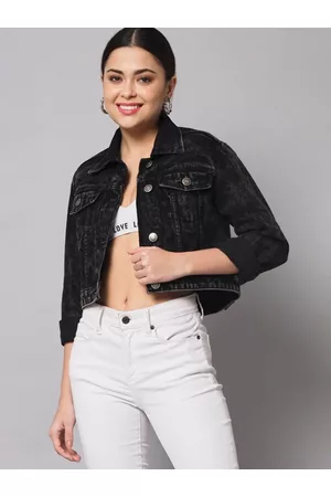 The Dry State Women Black Washed Lightweight Crop Denim Jacket